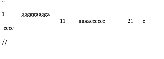 \begin{boxedminipage}{12cm}
\par ..\\
\\
\noindent 1         ggggggggg...
... 21     c\\
$\mbox{ }$cccc
\\
\\
\noindent //\\
\\
\end{boxedminipage}